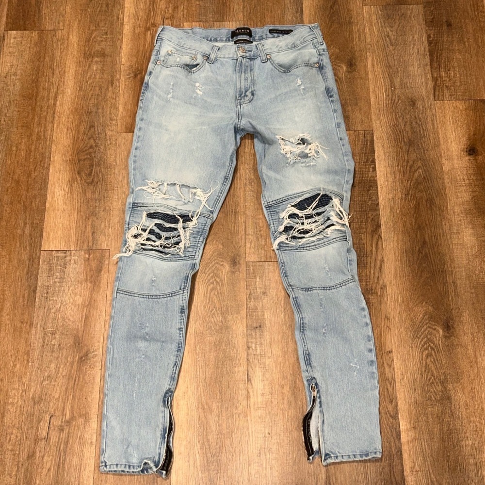 PacSun Mens Stacked Skinny Distressed Moto Jeans Light Wash Blue 32x32 Grunge